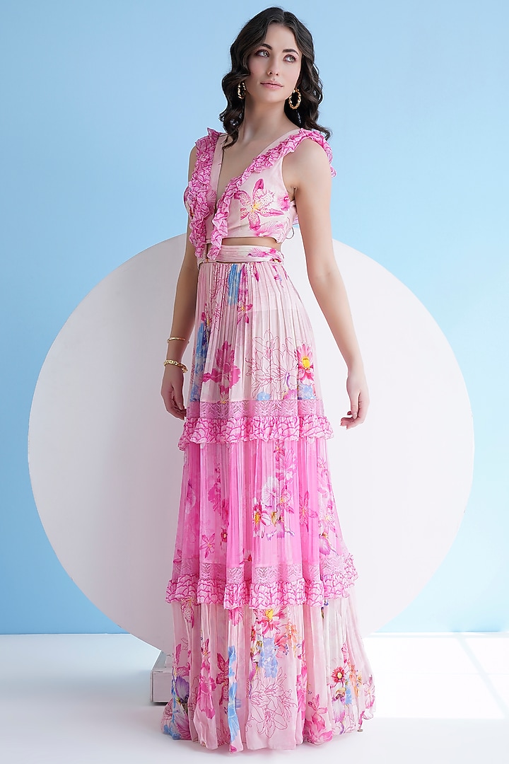 Pink Chiffon Printed Cut-Out Maxi Cocktail Dress by Mandira Wirk - Resort at Pernia's Pop Up Shop