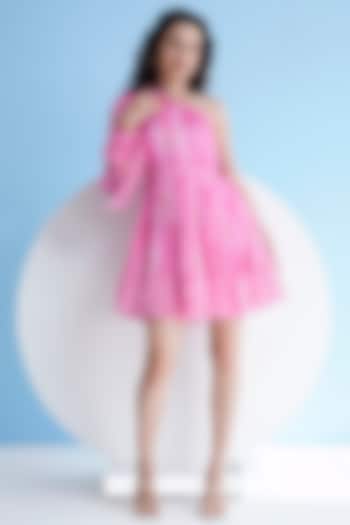 Pink Chiffon Printed Pleated One-Shoulder Mini Dress by Mandira Wirk