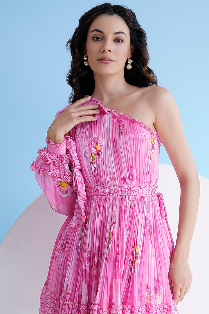Pink Chiffon Printed Pleated One-Shoulder Mini Vacation Dress by Mandira Wirk - Resort at Pernia's Pop Up Shop