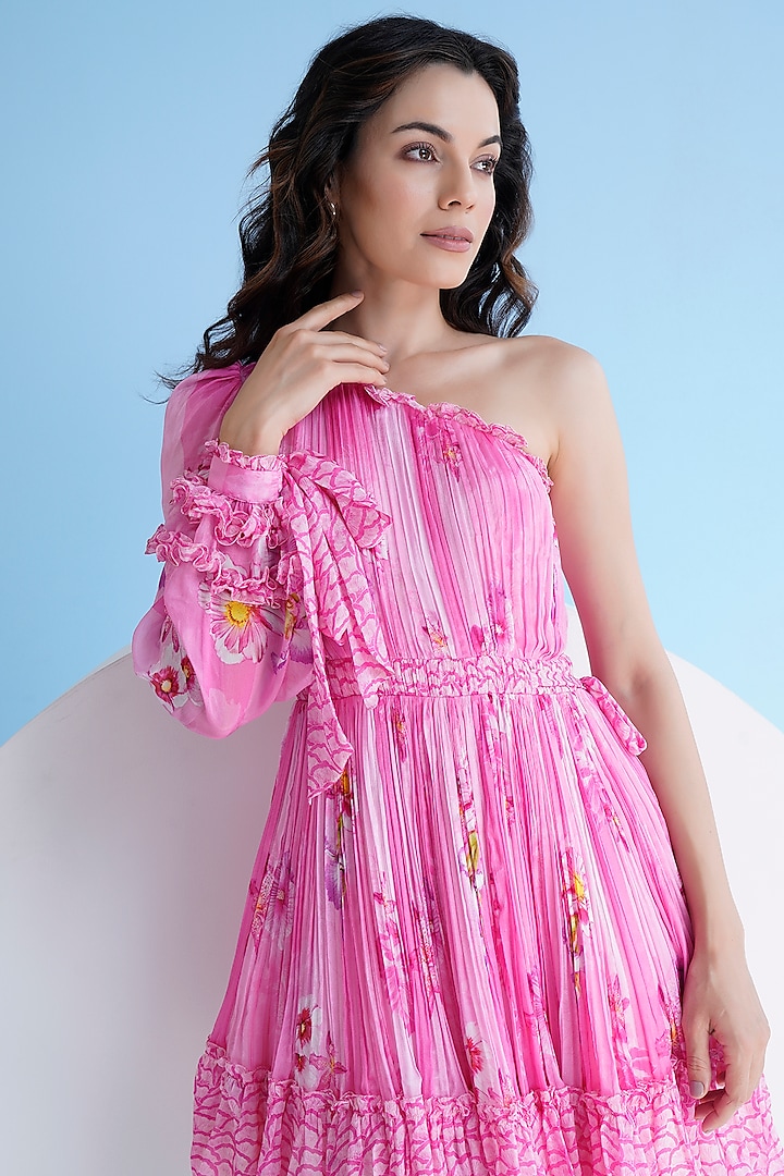 Pink Chiffon Printed Pleated One-Shoulder Mini Vacation Dress by Mandira Wirk - Resort at Pernia's Pop Up Shop