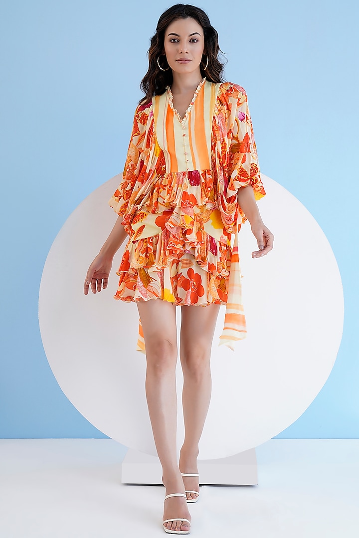 Orange Chiffon Printed Mini Tiered Dress by Mandira Wirk