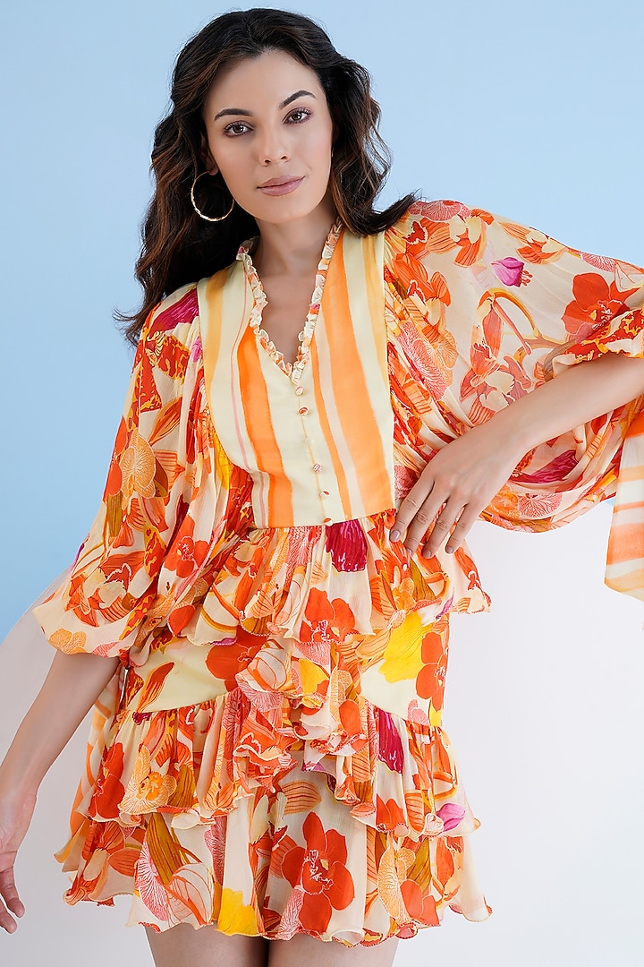 Orange Chiffon Printed Mini Tiered Vacation Dress by Mandira Wirk - Resort at Pernia's Pop Up Shop