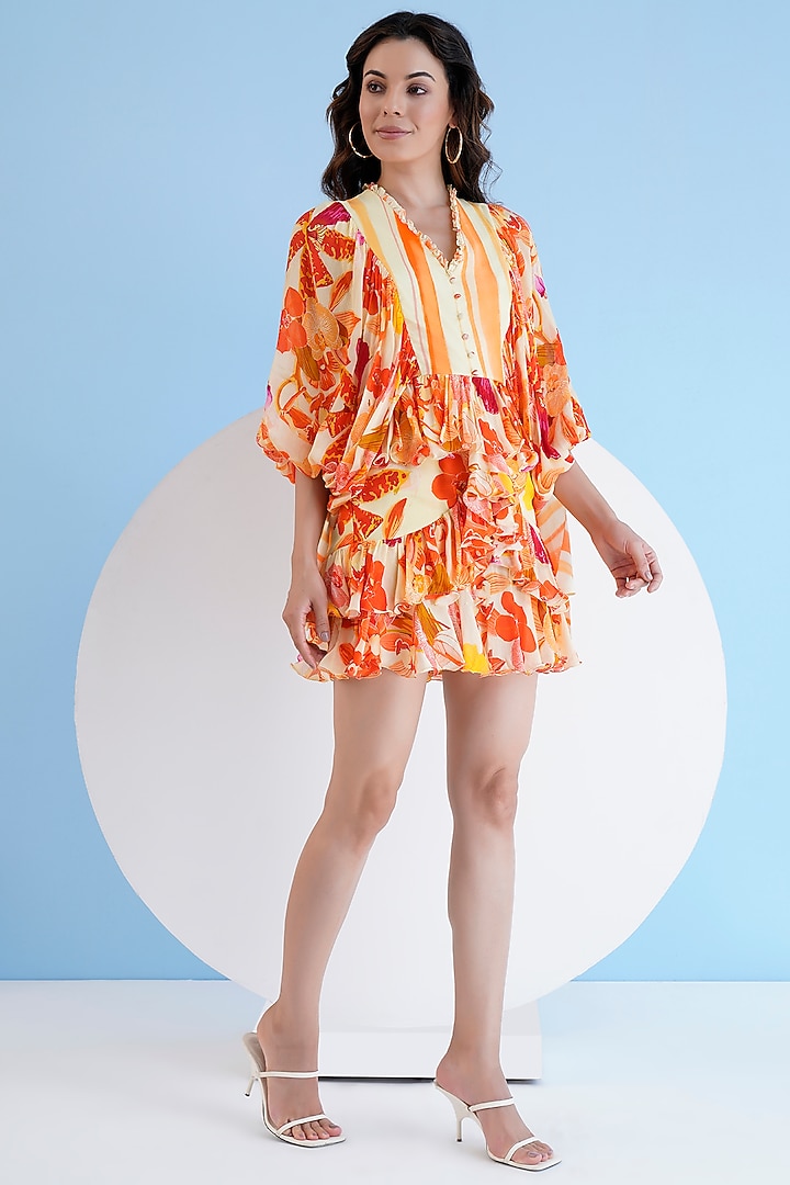 Orange Chiffon Printed Mini Tiered Vacation Dress by Mandira Wirk - Resort at Pernia's Pop Up Shop