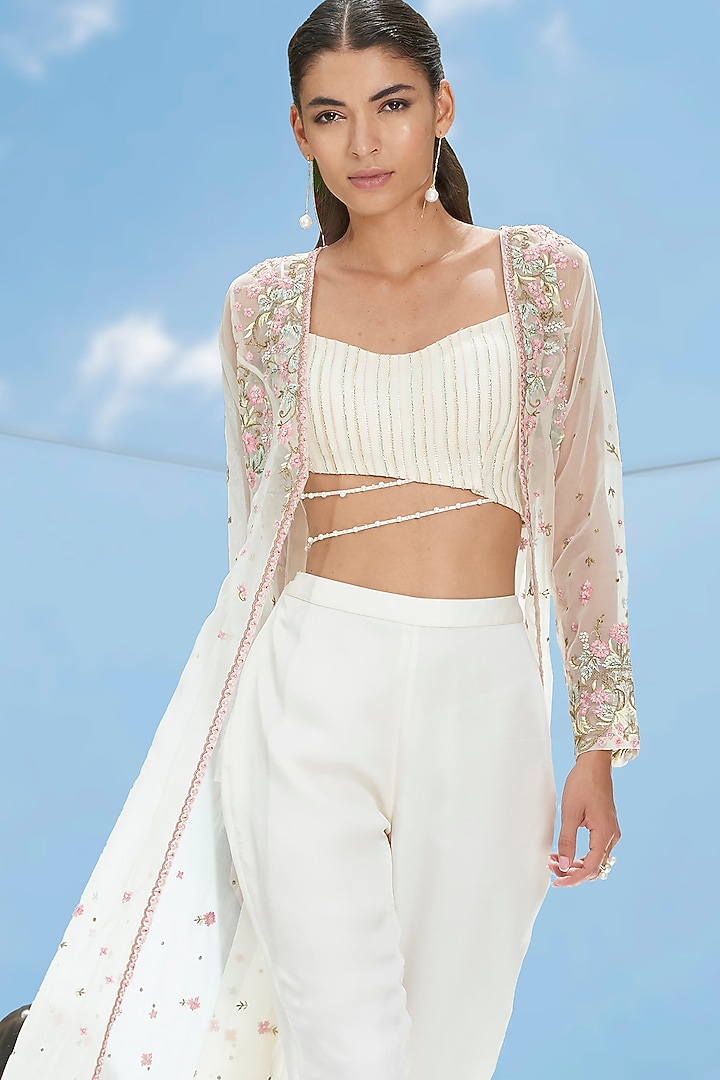Ivory Embroidered Crop Pant Set by Mandira Wirk - Indian at Pernia's Pop Up Shop