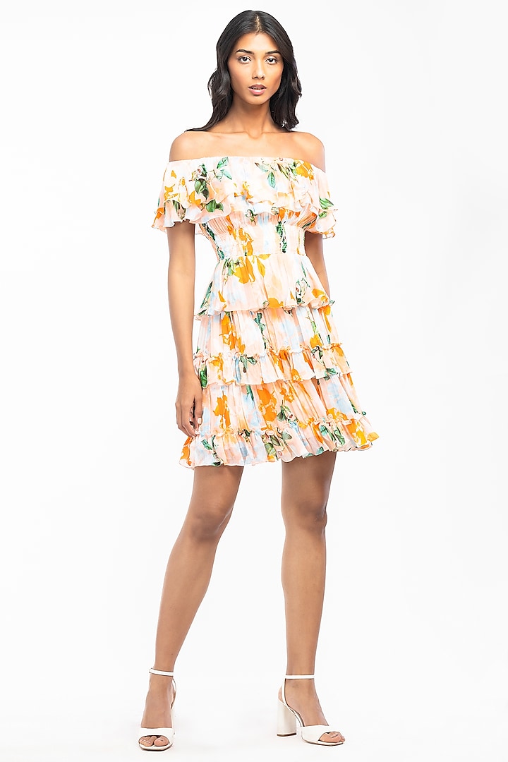 Peach Floral Printed Mini Vacation Dress by Mandira Wirk - Resort at Pernia's Pop Up Shop
