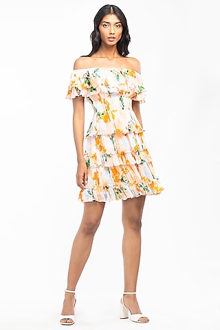 Peach Floral Printed Mini Dress by Mandira Wirk - Resort