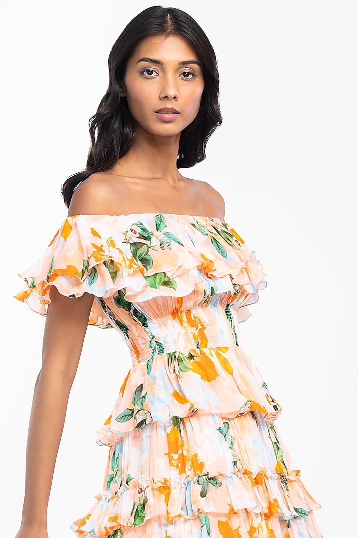 Peach Floral Printed Mini Vacation Dress by Mandira Wirk - Resort at Pernia's Pop Up Shop