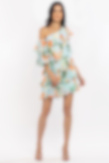 Aqua Blue Printed Tiered One-Shoulder Mini Vacation Dress by Mandira Wirk - Resort at Pernia's Pop Up Shop