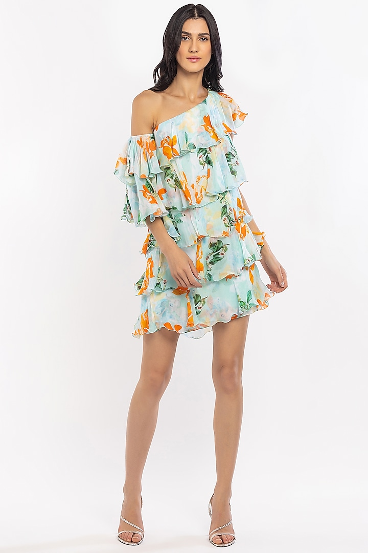 Aqua Blue Printed Tiered One-Shoulder Mini Vacation Dress by Mandira Wirk - Resort at Pernia's Pop Up Shop