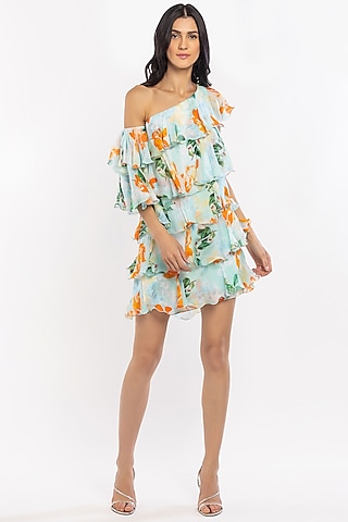 Aqua Blue Printed Tiered One-Shoulder Mini Dress by Mandira Wirk - Resort