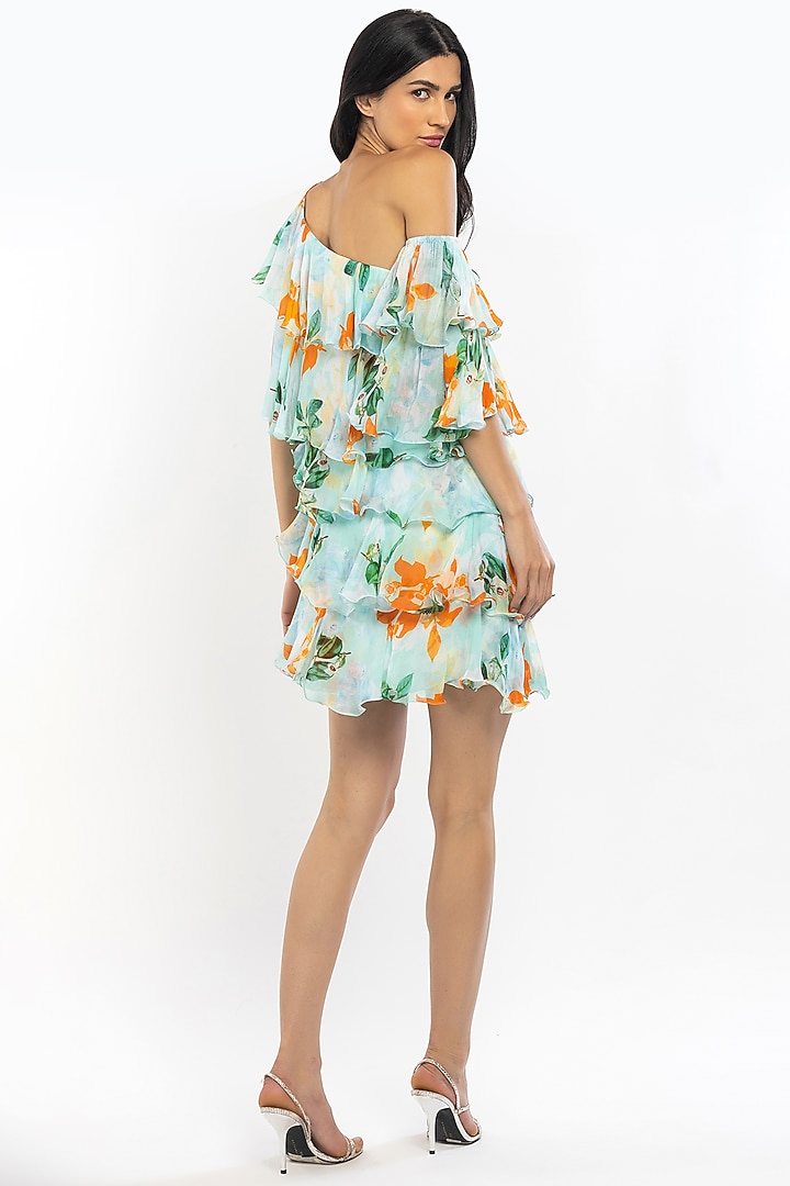 Aqua Blue Printed Tiered One-Shoulder Mini Vacation Dress by Mandira Wirk - Resort at Pernia's Pop Up Shop