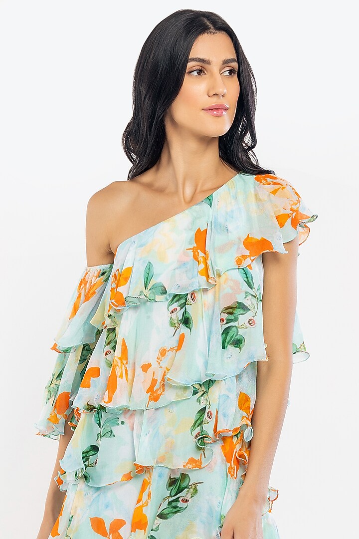 Aqua Blue Printed Tiered One-Shoulder Mini Vacation Dress by Mandira Wirk - Resort at Pernia's Pop Up Shop