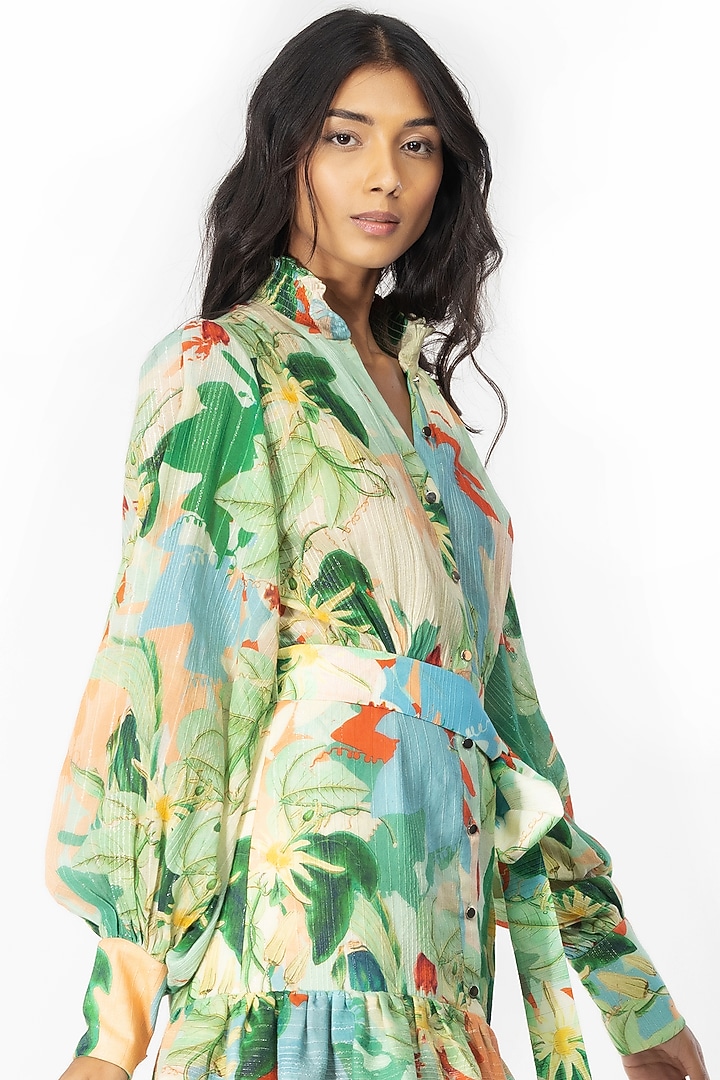 Light Green Tropical Printed Vacation Shirt Dress by Mandira Wirk - Resort at Pernia's Pop Up Shop