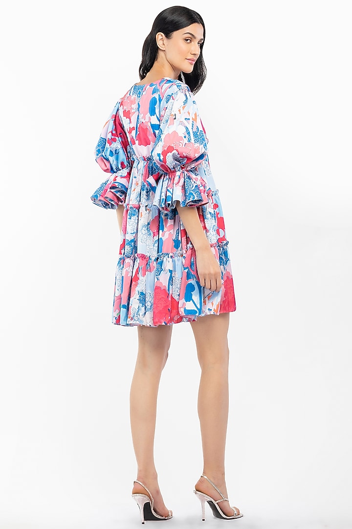 Powder Blue & Fuchsia Printed Tiered Vacation Dress by Mandira Wirk - Resort at Pernia's Pop Up Shop