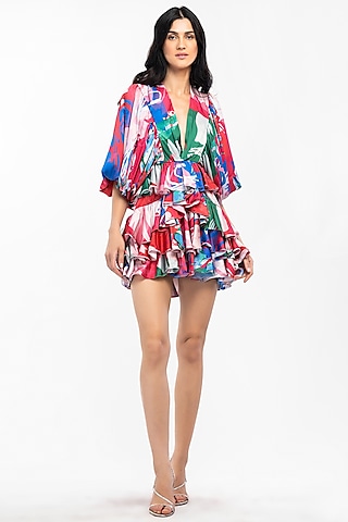 Cherry Red Abstract Printed Layered Mini Dress by Mandira Wirk - Resort