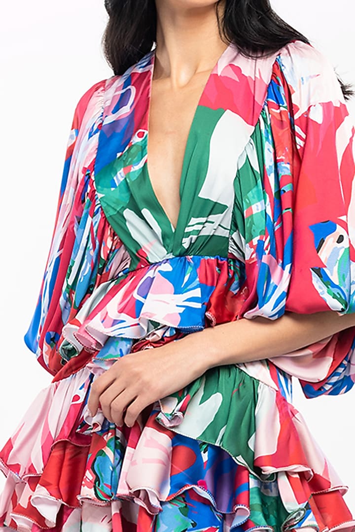 Cherry Red Abstract Printed Layered Mini Vacation Dress by Mandira Wirk - Resort at Pernia's Pop Up Shop