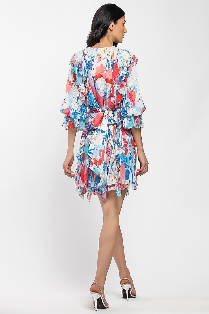 Powder Blue & Fuchsia Printed Mini Vacation Dress by Mandira Wirk - Resort at Pernia's Pop Up Shop