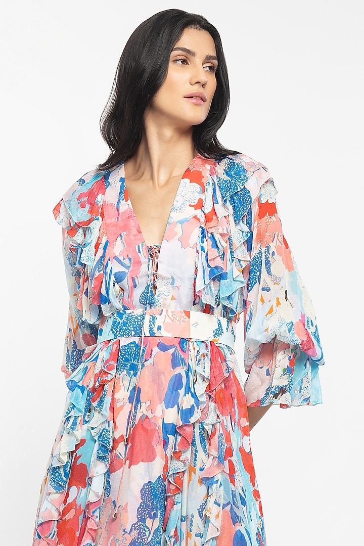 Powder Blue & Fuchsia Printed Mini Vacation Dress by Mandira Wirk - Resort at Pernia's Pop Up Shop