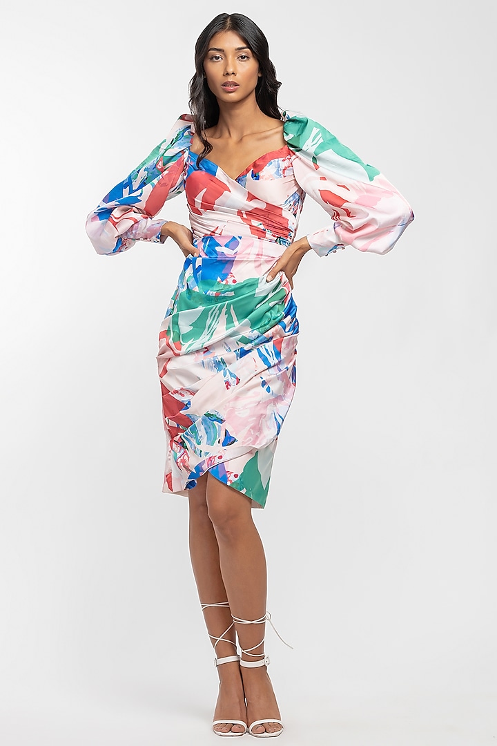 Beige & Bright Red Printed Draped Dress by Mandira Wirk at Pernia's Pop Up Shop