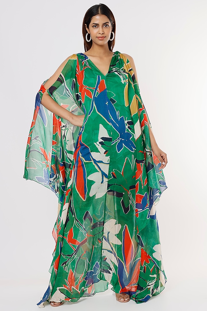 Emerald Green Printed Kaftan Set by Mandira Wirk