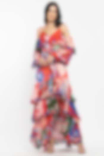 Cherry Red & Beige Abstract Printed Layered Maxi Cocktail Dress by Mandira Wirk - Resort at Pernia's Pop Up Shop