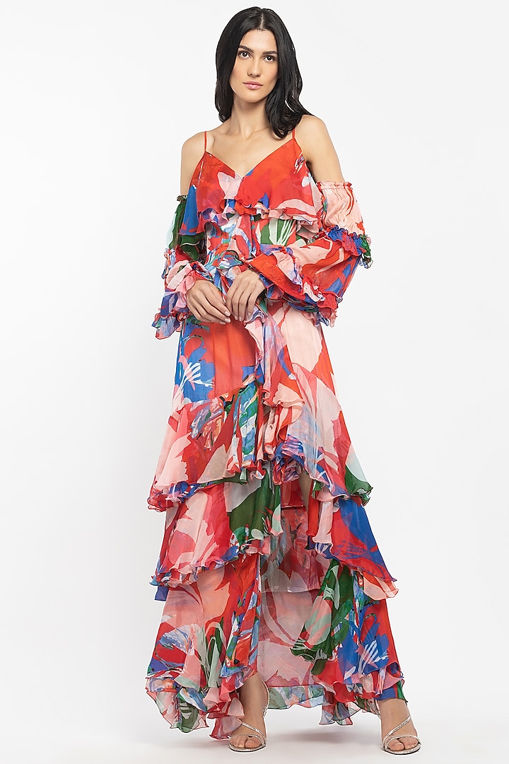 Cherry Red & Beige Abstract Printed Layered Maxi Dress by Mandira Wirk
