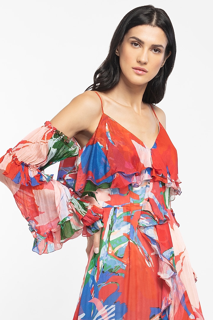 Cherry Red & Beige Abstract Printed Layered Maxi Cocktail Dress by Mandira Wirk - Resort at Pernia's Pop Up Shop