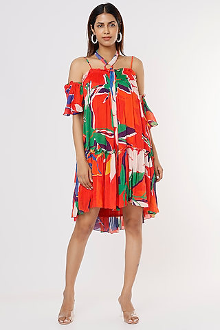 Red Printed Halter-Neck Dress by Mandira Wirk - Resort