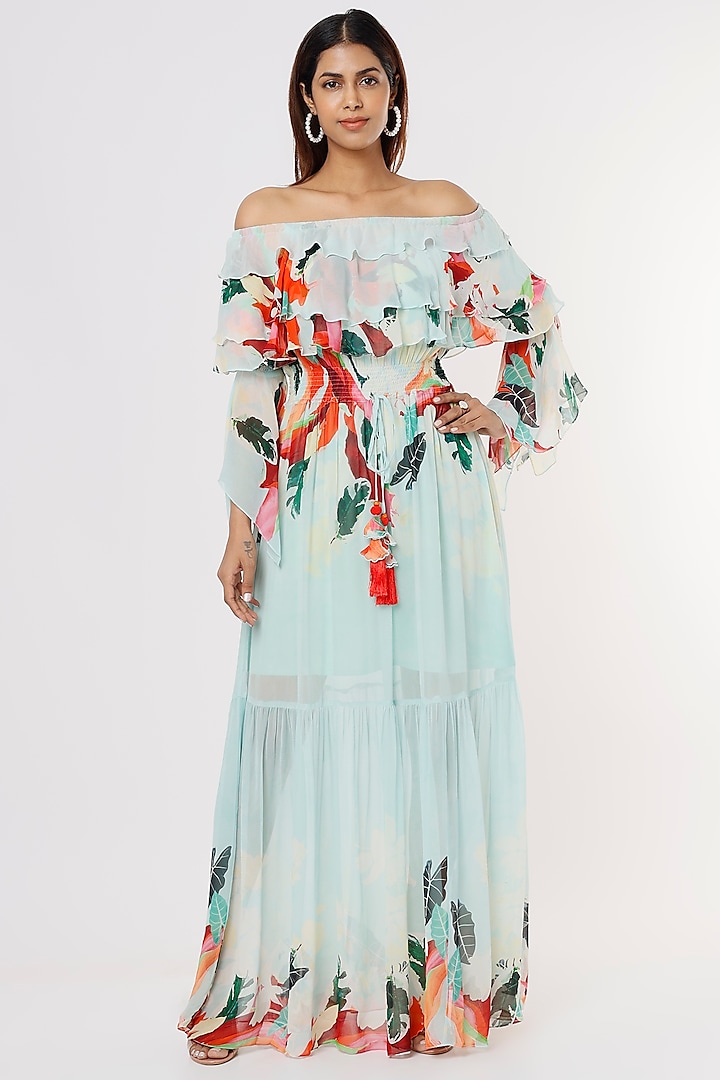 Blue Off Shoulder Maxi Dress by Mandira Wirk