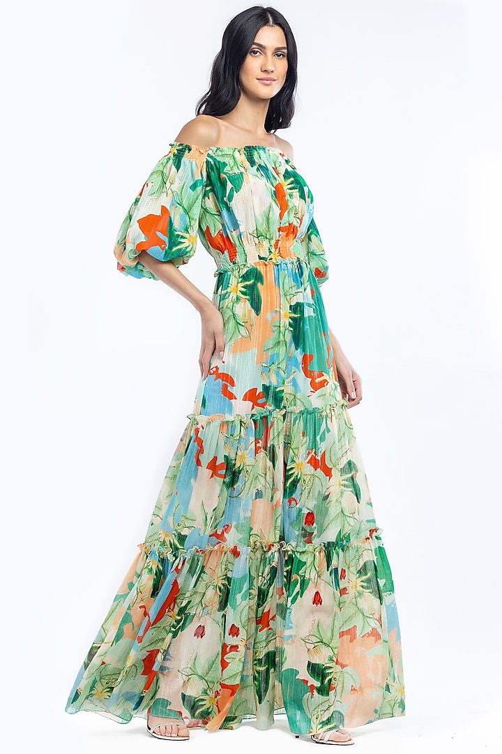Light Green Tropical Printed Off-Shoulder Maxi Dress by Mandira Wirk