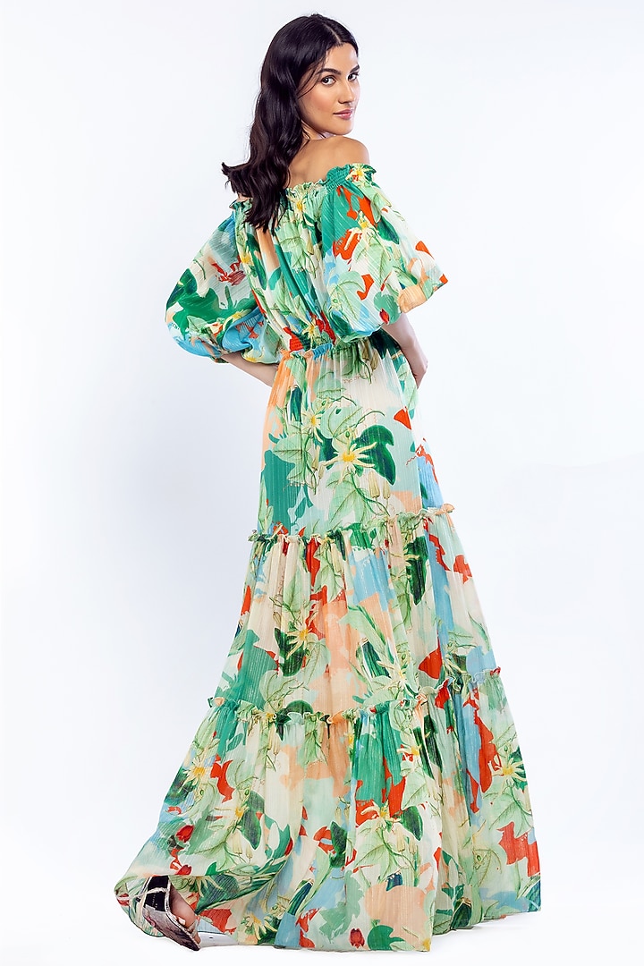 Light Green Tropical Printed Off-Shoulder Maxi Vacation Dress by Mandira Wirk - Resort at Pernia's Pop Up Shop