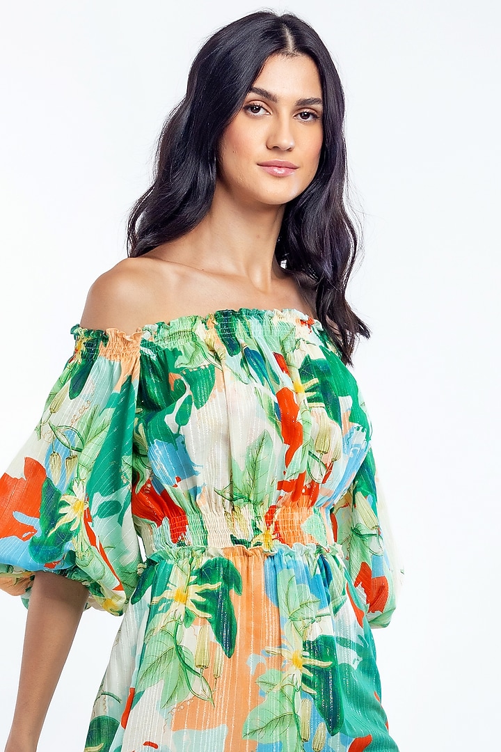 Light Green Tropical Printed Off-Shoulder Maxi Vacation Dress by Mandira Wirk - Resort at Pernia's Pop Up Shop