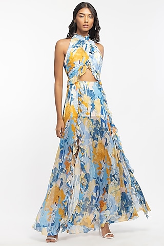 Powder Blue & Dandelion Yellow Printed Dress by Mandira Wirk - Resort