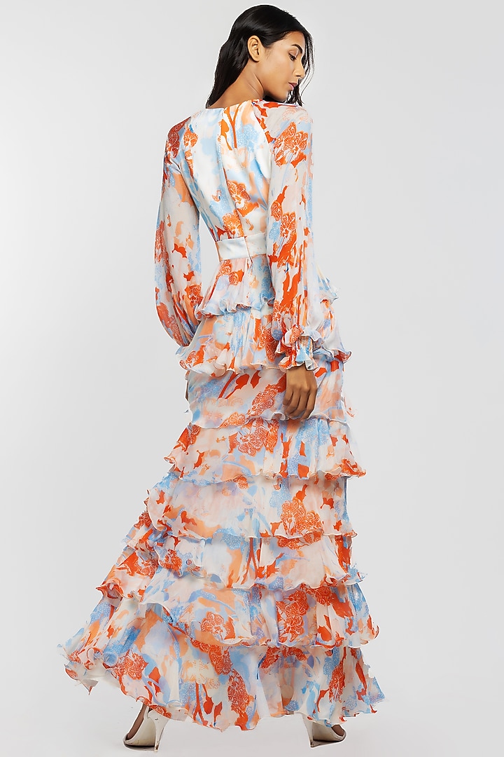 Ivory & Orange Printed Tiered Maxi Cocktail Dress by Mandira Wirk - Resort at Pernia's Pop Up Shop