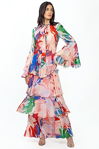 Beige & Cherry Red Printed Layered Maxi Dress by Mandira Wirk - Resort