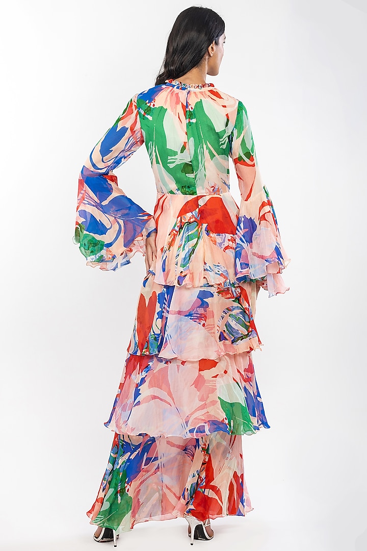 Beige & Cherry Red Printed Layered Maxi Cocktail Dress by Mandira Wirk - Resort at Pernia's Pop Up Shop