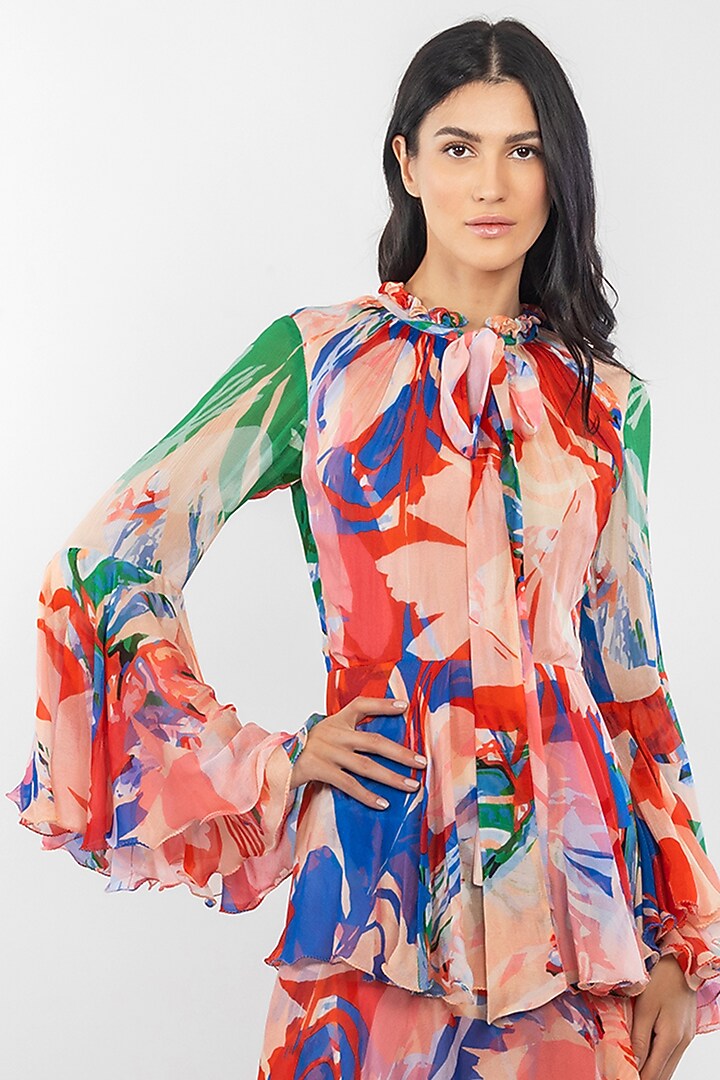 Beige & Cherry Red Printed Layered Maxi Cocktail Dress by Mandira Wirk - Resort at Pernia's Pop Up Shop