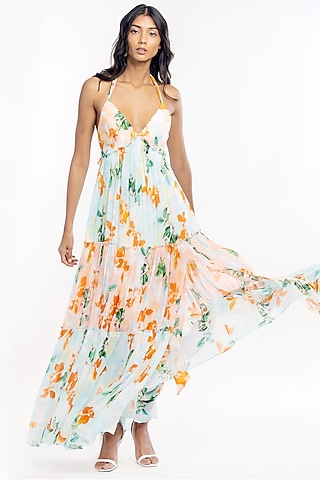 Peach & Aqua Blue Printed Layered Maxi Dress by Mandira Wirk - Resort