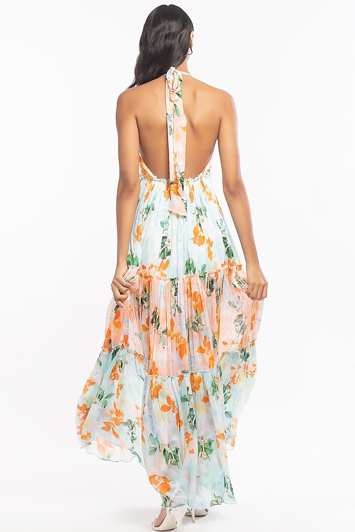 Peach & Aqua Blue Printed Layered Maxi Vacation Dress by Mandira Wirk - Resort at Pernia's Pop Up Shop