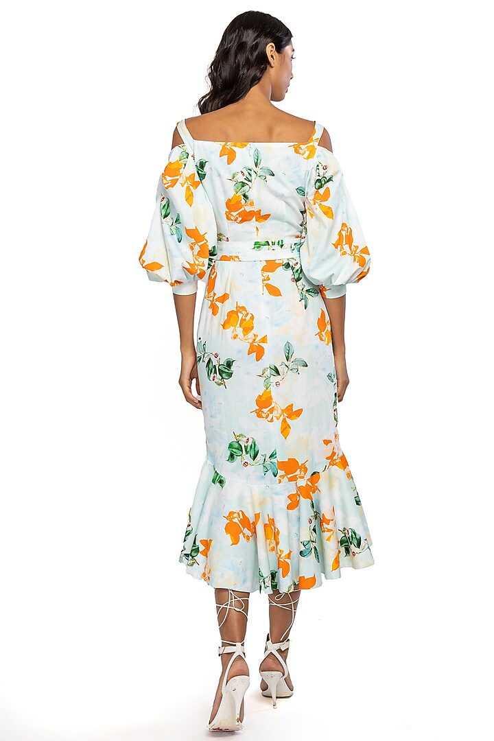 Aqua Blue Floral Printed Cold-Shoulder Midi Vacation Dress by Mandira Wirk - Resort at Pernia's Pop Up Shop