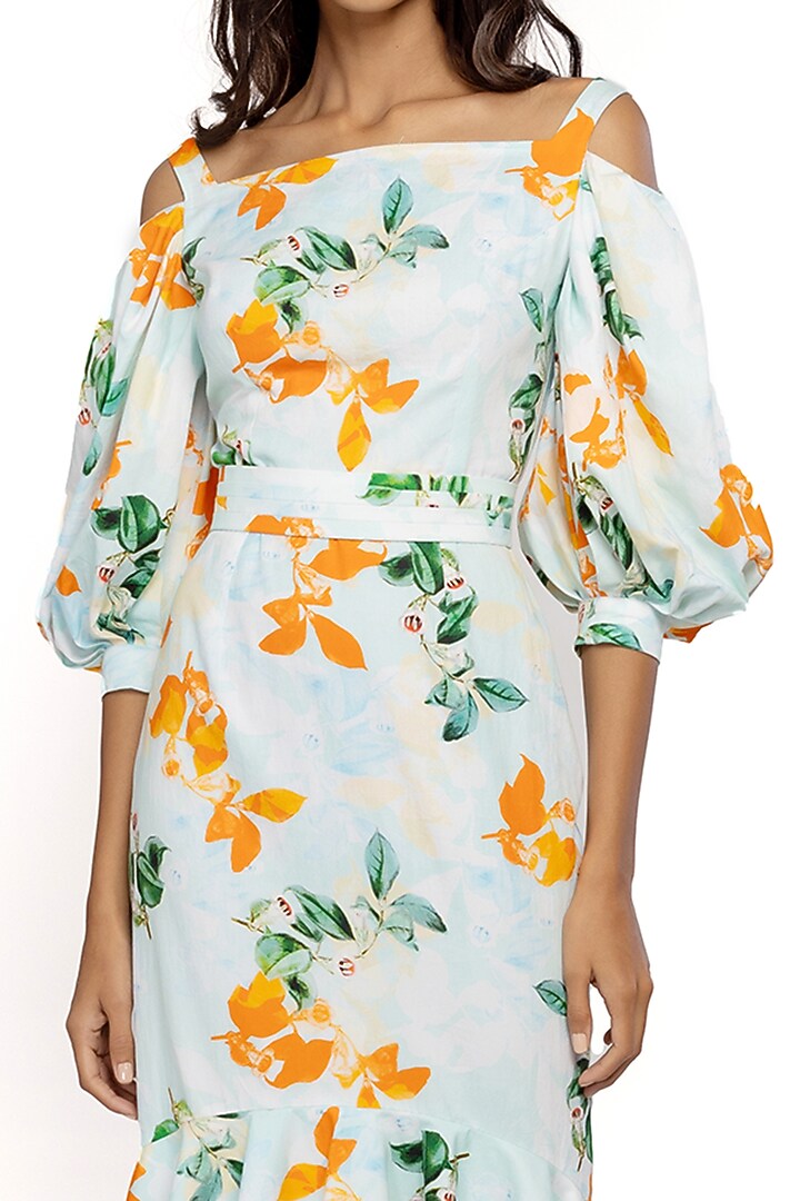 Aqua Blue Floral Printed Cold-Shoulder Midi Vacation Dress by Mandira Wirk - Resort at Pernia's Pop Up Shop