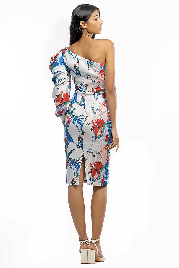 Ivory & Cobalt Blue Printed One-Shoulder Knee Length Vacation Dress by Mandira Wirk - Resort at Pernia's Pop Up Shop