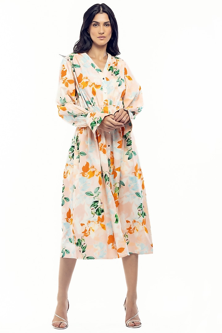 Peach Floral Printed Shirt Dress by Mandira Wirk at Pernia's Pop Up Shop