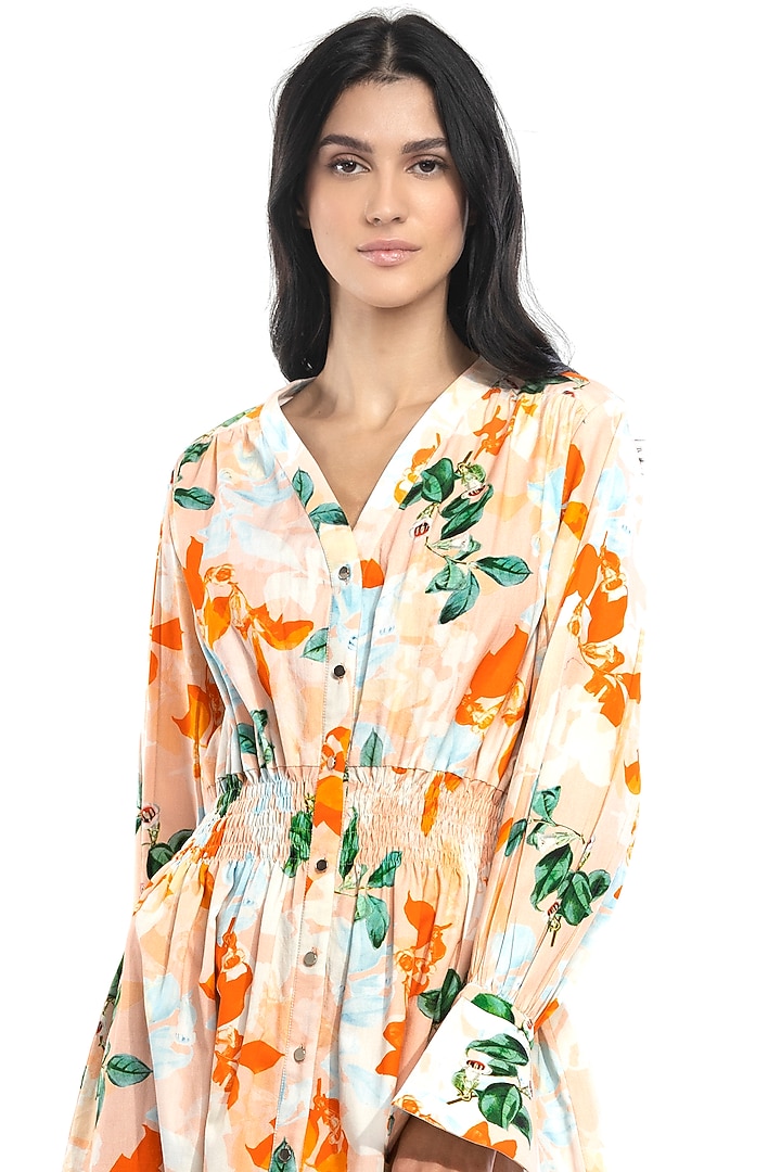 Peach Floral Printed Vacation Shirt Dress by Mandira Wirk - Resort at Pernia's Pop Up Shop