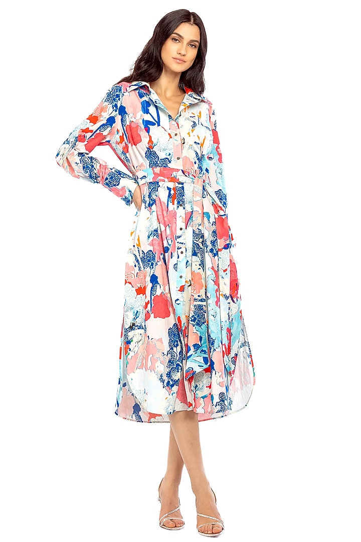 Powder Blue & Fuchsia Printed Vacation Shirt Dress by Mandira Wirk - Resort at Pernia's Pop Up Shop