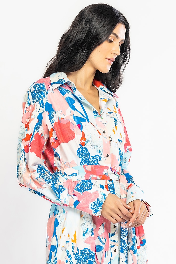 Powder Blue & Fuchsia Printed Vacation Shirt Dress by Mandira Wirk - Resort at Pernia's Pop Up Shop