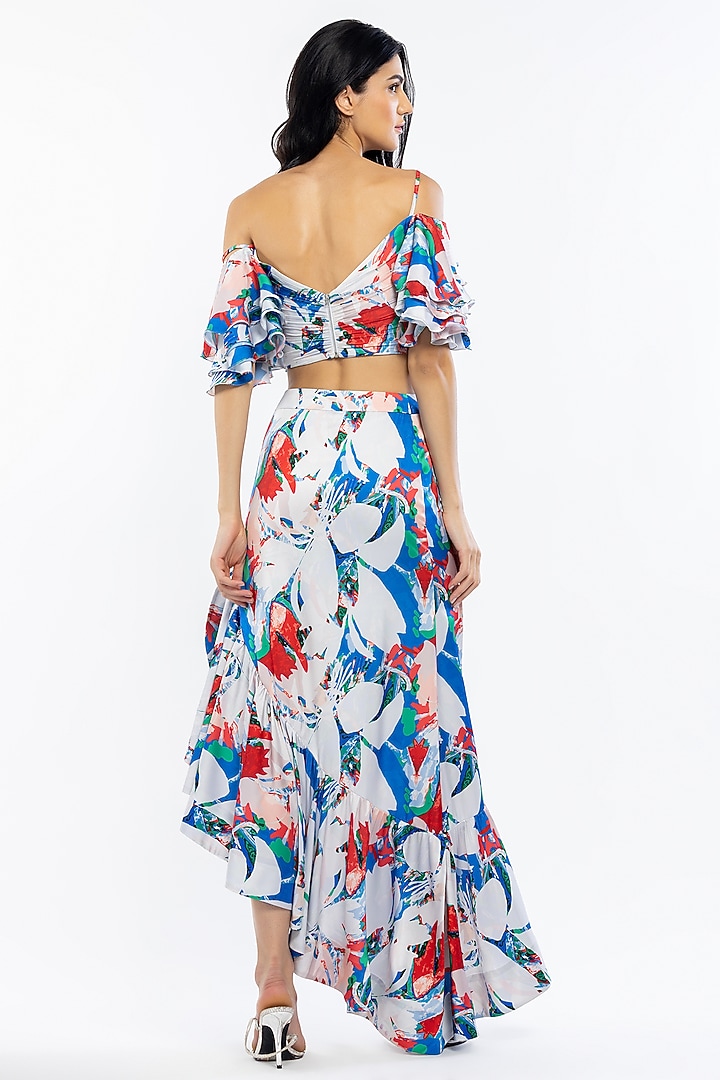 Ivory & Blue Satin Printed Skirt Set by Mandira Wirk - Resort at Pernia's Pop Up Shop