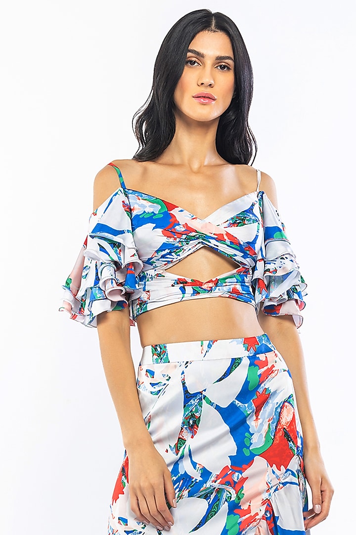 Ivory & Blue Satin Printed Skirt Set by Mandira Wirk - Resort at Pernia's Pop Up Shop