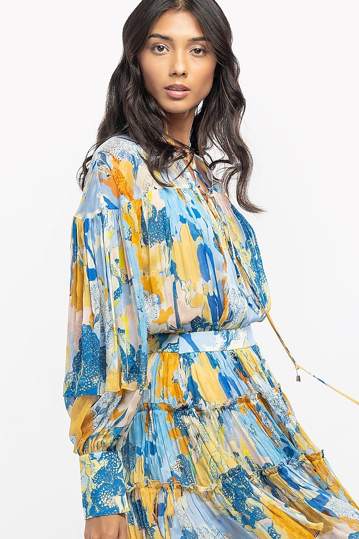 Yellow & Blue Printed Skirt Set by Mandira Wirk - Resort at Pernia's Pop Up Shop