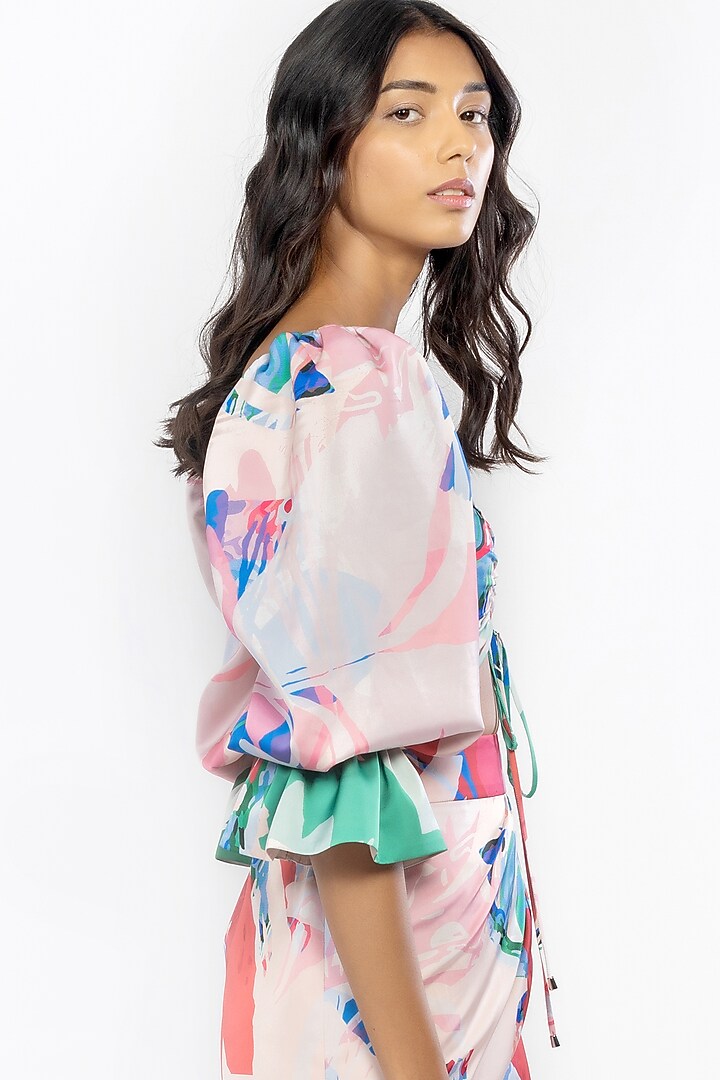 Beige & Red Printed High-Low Skirt Set by Mandira Wirk - Resort at Pernia's Pop Up Shop